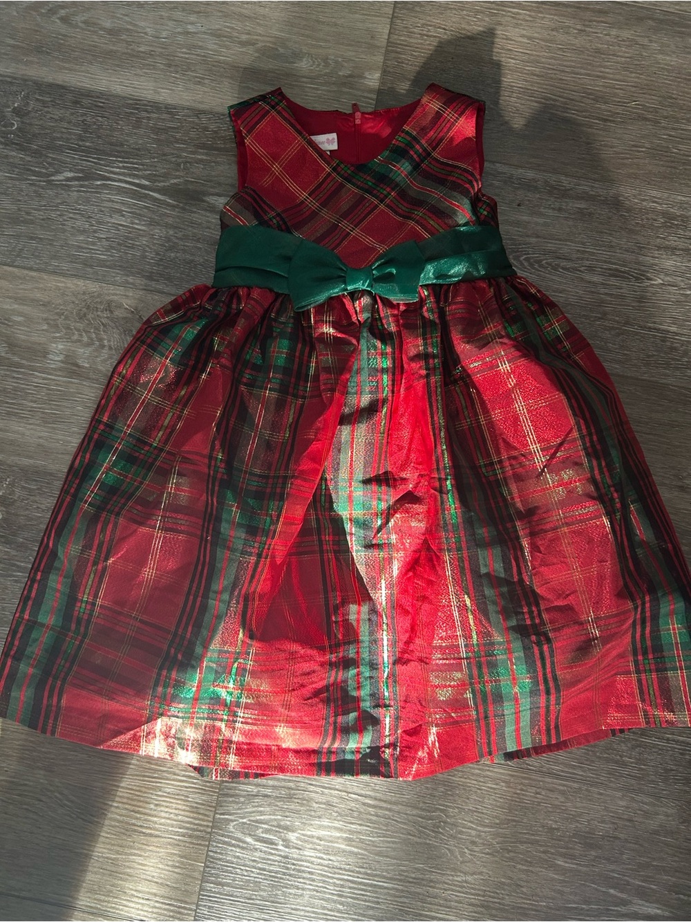 Bonnie Jean Red & Green Plaid Holiday Dress with Green Sash